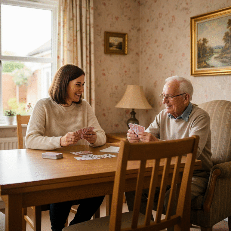 Femme et homme âgé jouant aux cartes à une table