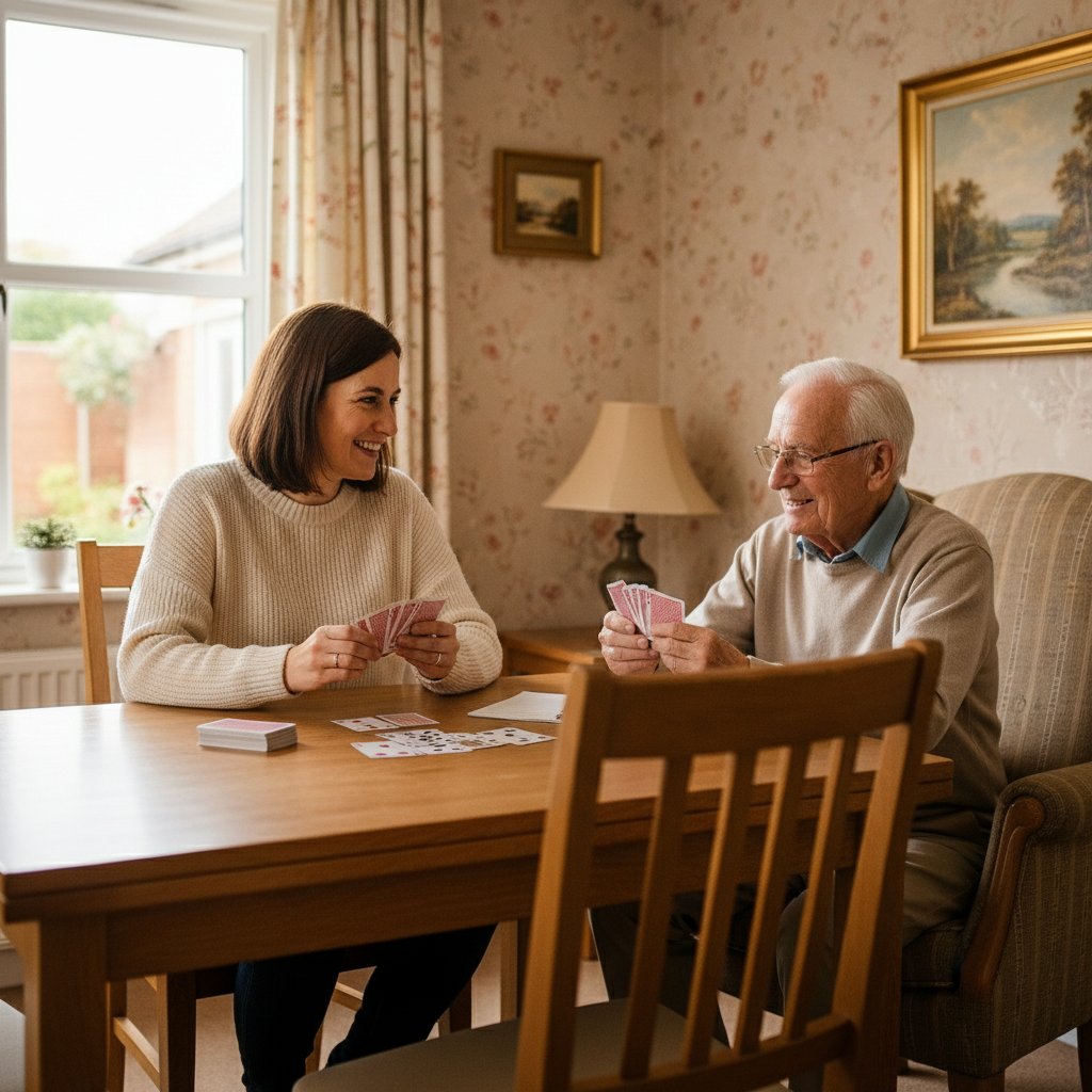 Femme et homme âgé jouant aux cartes à une table