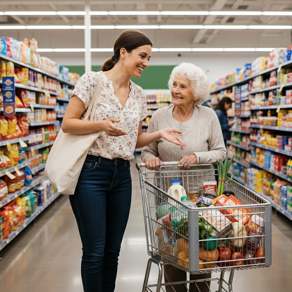 Femme accompagnant une personne âgée avec un chariot de courses au supermarché