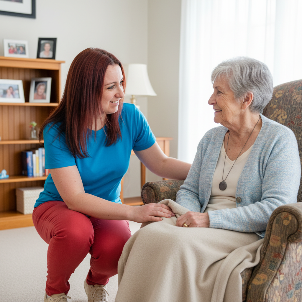 Céline Diaz, aide à domicile, accompagnant une personne âgée avec bienveillance