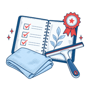 Carnet de travail, chiffon et raclette illustrant le savoir-faire du nettoyage