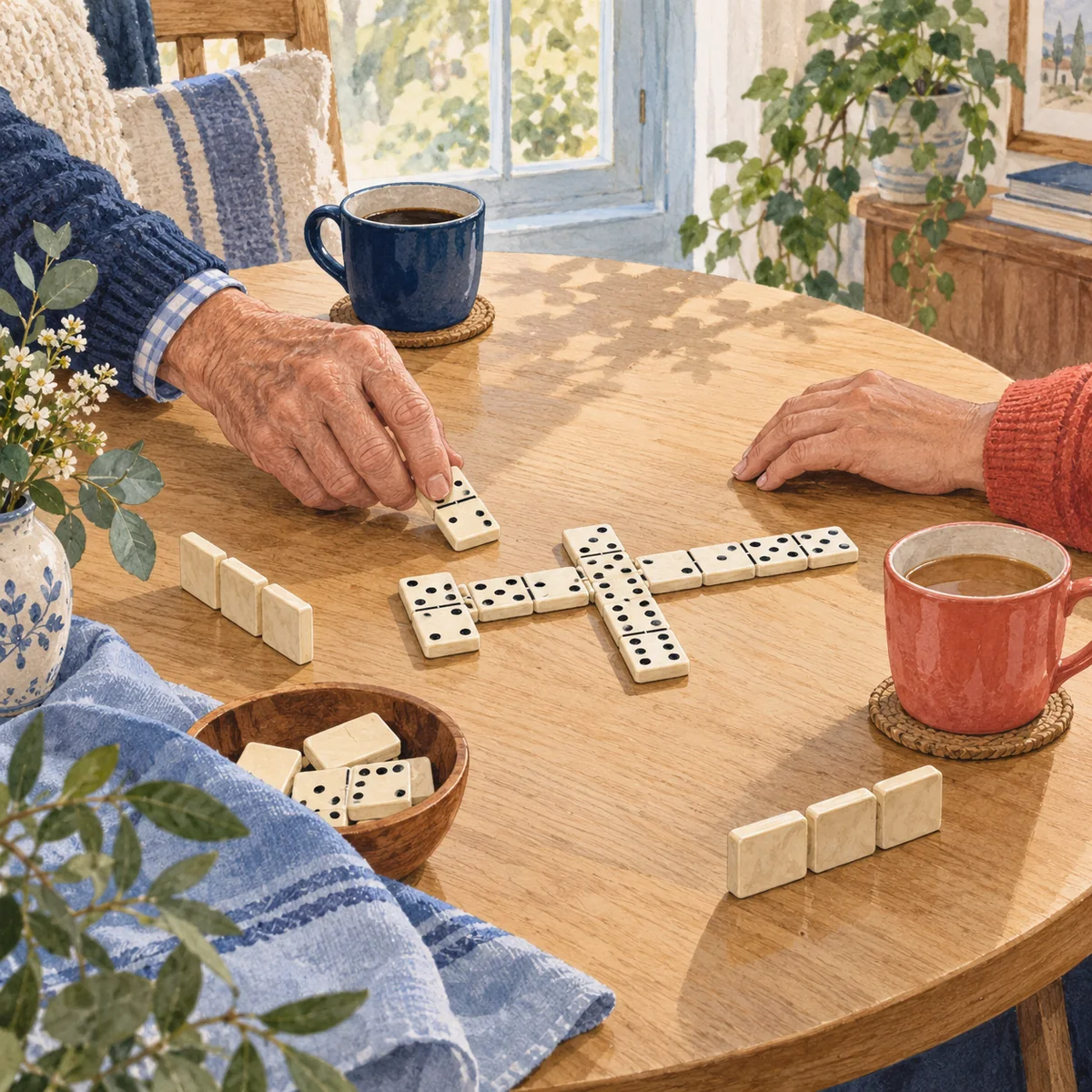 Illustration de deux adultes partageant une partie de dominos autour d’une table