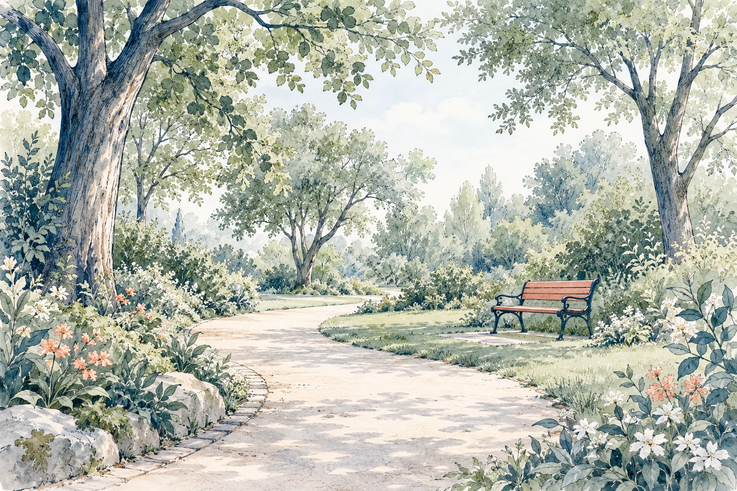 Illustration d’un chemin arboré et d’un banc dans un parc