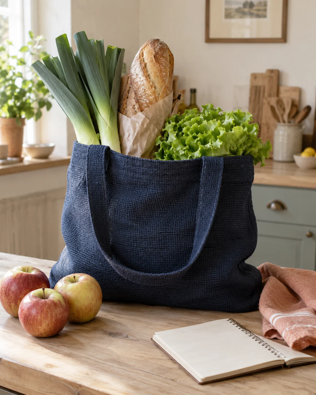 Sac en tissu bleu rempli de produits frais sur un plan de travail lumineux