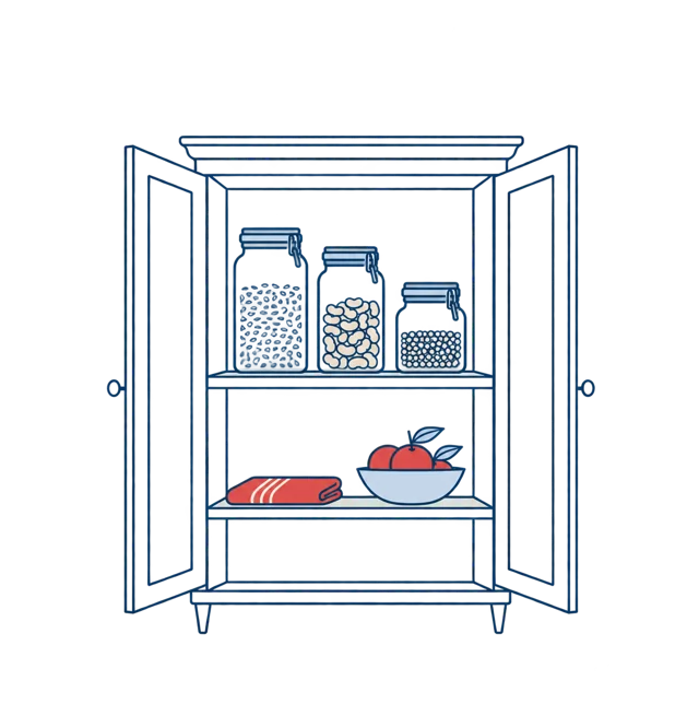 Placard de cuisine et bocaux rangés, illustration au trait bleu et corail