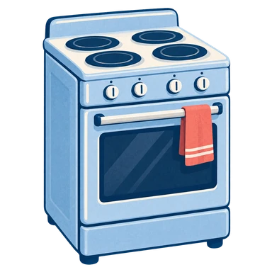 Cuisinière bleue avec four, quatre plaques de cuisson et torchon corail