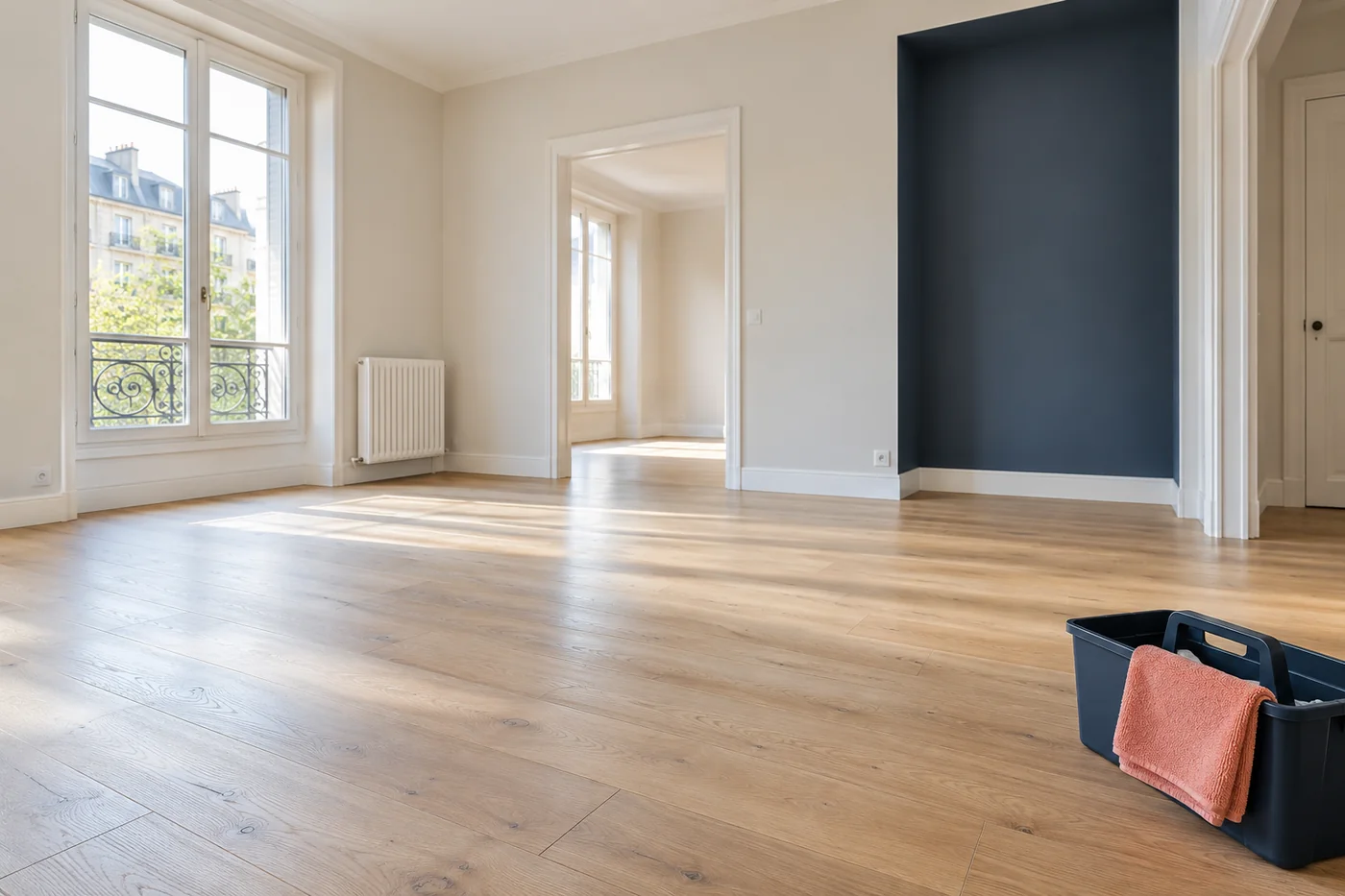 Logement vide et lumineux avec sols, plinthes et matériel de nettoyage — illustration