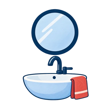 Vasque, miroir rond et serviette corail
