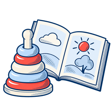 Jeu d’anneaux à empiler et livre d’images ouvert