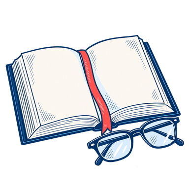 Livre ouvert, marque-page corail et lunettes de lecture