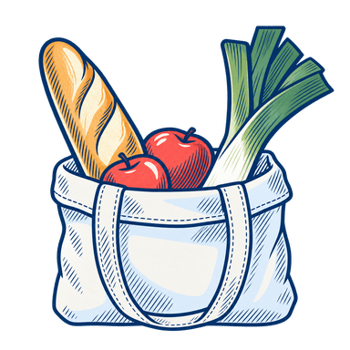 Panier en tissu contenant une baguette, des pommes et un poireau