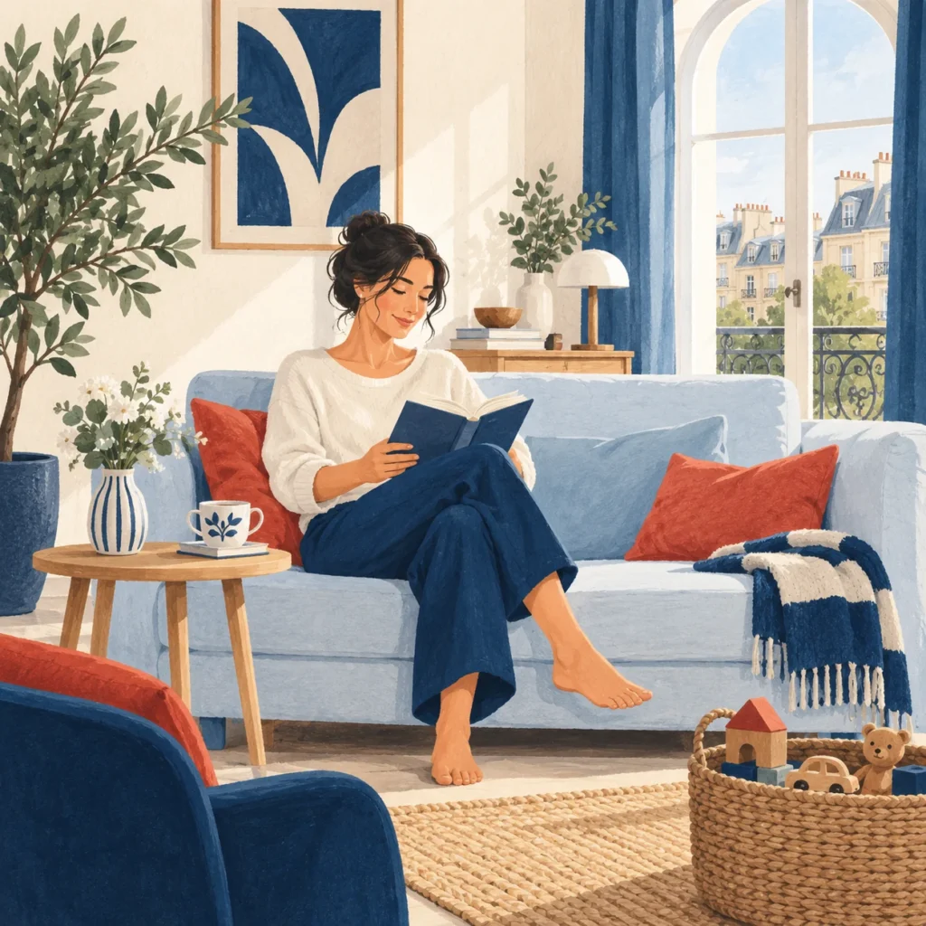 Illustration d’une femme lisant au calme dans un salon familial rangé