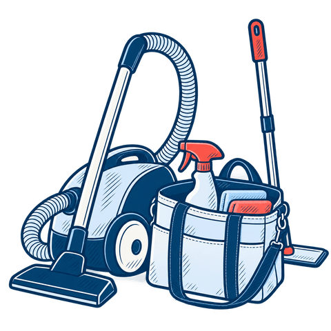 Aspirateur, balai et sac de produits et chiffons prêts pour une intervention