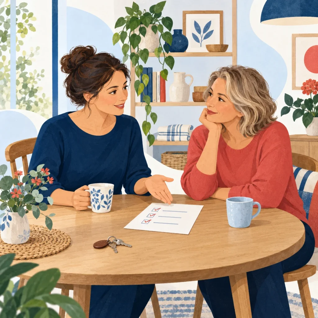 Illustration de deux femmes échangeant sur les priorités du foyer autour d’une liste