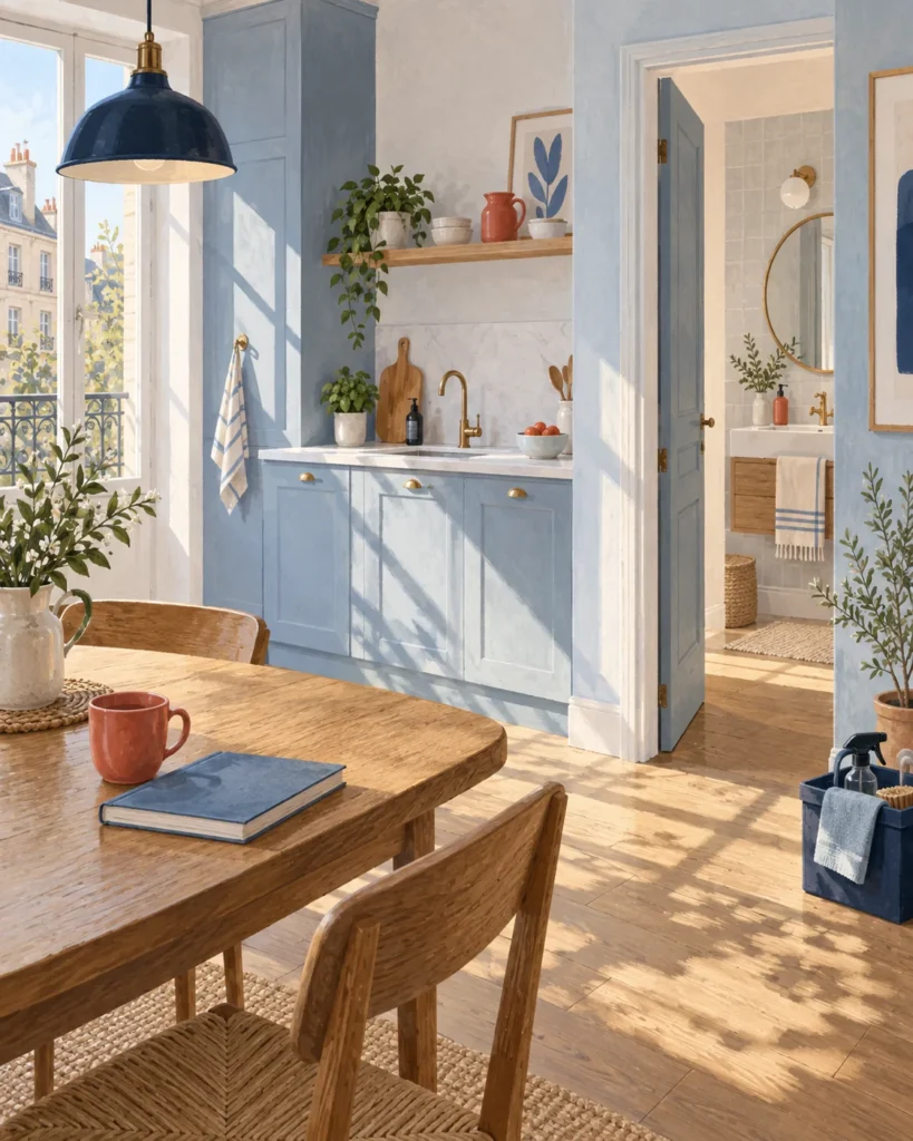 Illustration d’une maison lumineuse avec cuisine, salle de bain et matériel de ménage